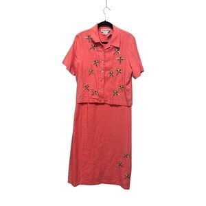 Vintage Y2K Linen Blend Dragonfly Midi Dress Set Size 12 Coastal Grandma‎ Chic